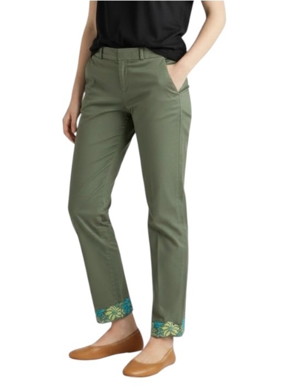 Banana Republic Embroidered trim Chinos Pant Olive Women’s 2 Casual Straight leg